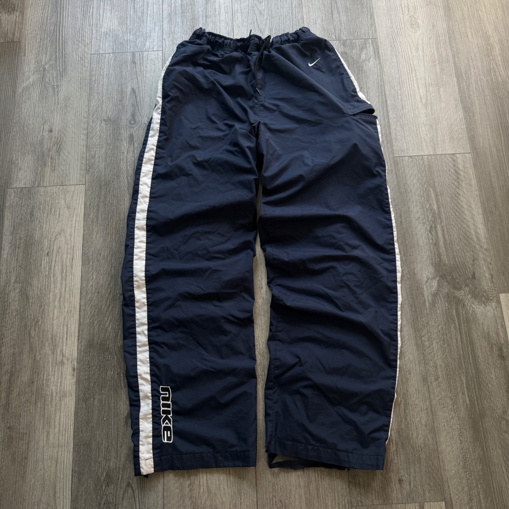 Nike Vintage Baggy Mens L Navy Track Pants Striped Y2K Athletic fleece lined